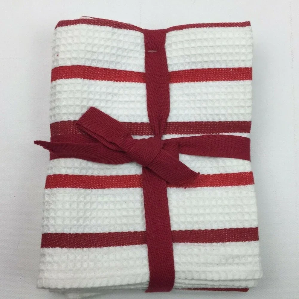 Red White Waffle Weave Dish Kitchen Stripe Towels Set 3